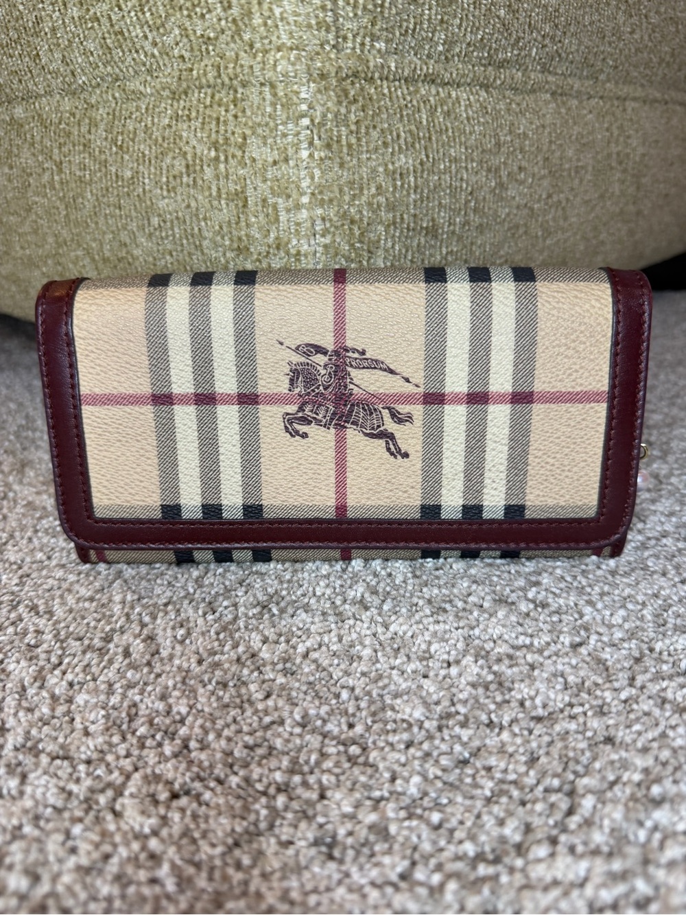 Vintage Burberry Nova Check Equestrian Knight Burgundy Leather Long Wallet